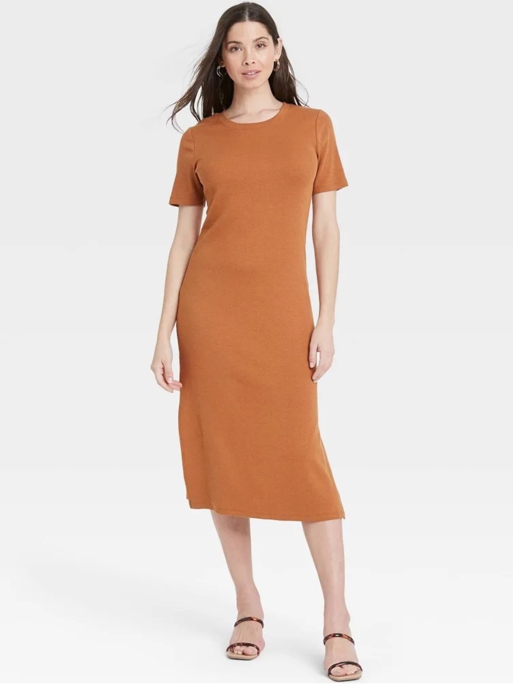 a new day - Ribbed Short Sleeve T-Shirt Dress in Brown
